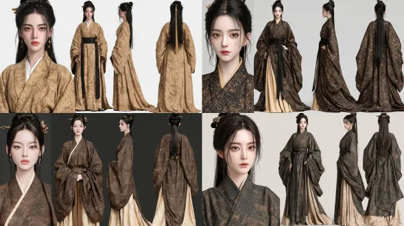 国风3d渲染半写实四视图，图片包含正面特写，全身正面不带头立绘，全身侧面不带头立绘，全身背面带头立绘。图片主人公是一名女扮男装的宋朝官员，发型和服装要符合真实的时代背景，不能有违和感，同时又要具有极高的视觉艺术审美。人物肌肤清透哑光，远山细长眉，大眼睛，长睫毛，九头身比例，肩窄腰细，腿部修长，姿态优雅大方，长相柔美温婉，气质绝佳，极度高清。人物服装请细致考究下，符合年轻高智短剧用户的审美，质感绝佳，超高清晰。