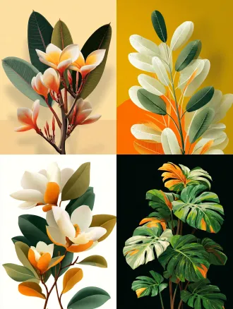 完整折枝热带大叶片花卉，2d平面矢量插画，均衡构图，干净留白，祖母绿橄榄绿奶油白珊瑚橘芥末黄，热烈复古，无阴影渐变3d感，高清清晰边缘，专业图案素材，无文字水印
