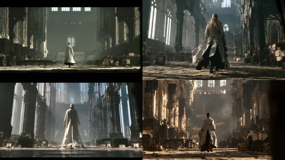 cinematic film still from a high-budget game cinematic, a semi-realistic stylized woman in her thirties walking through a tall, carefully managed estate hall, her weight settled on the forward foot, limbs kept parallel to the sensor plane. silver-white outer coat over continuous black layers and dark-red coattails, every garment layer clearly overlapping. low knee-height camera, 24mm lens, restrained 8-degree upward pitch, nearly straight verticals. a wide charcoal-stone aisle runs between orderly rows of varied tall windows, arches and dark timber piers with clear load-bearing structure. sparse bookcases, a long table, file cabinets, sealed letters, record books and metal candleholders are arranged with disciplined spacing. a rear doorway, broad staircase and upper gallery remain readable through faint gray haze. overcast window light from camera-left forms the single cool side-back key; burgundy accents remain sparse. a dark blurred doorframe presses into one corner without obscuring her legs.