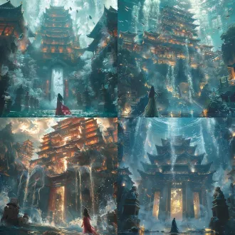 a colossal submerged celestial palace awakening beneath a black ocean, an adult chinese sea goddess floating upright before its sealed gates, shown as a small full-body silhouette in an extreme wide shot, wearing a long dark crimson and ivory robe that drifts upward like smoke, ancient stone guardian lions and pagoda roofs covered with blue crystal coral, enormous columns of golden light erupting from the palace floor and illuminating schools of translucent fish,
