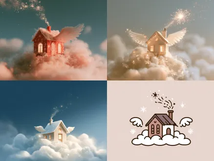 云朵上带梦幻小翅膀的可爱小房子，飘着雪花亮晶晶点缀，烟囱冒星星烟花，手绘插画风格，低饱和ins色调，柔焦镜头，柔光，梦幻舒适，简约大气
