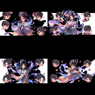 chibi风格插画，六种不同俏皮可爱生动表情，人物形象还原，爱心星星小装饰，纯白背景，平涂色彩，圆润线条，q版比例，趣味性拉满，明亮柔和，治愈活泼。