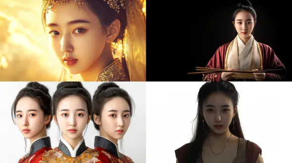 全身肖像，30岁东亚女性，精准还原参考图面部特征，华丽红金主色调宋制汉服，精致刺绣，高束无饰马尾，自然正对镜头站立，纯白无缝背景，影棚柔光，面部锐化，原生肌肤纹理，8k超写实，索尼a7r4拍摄，高贵沉静。