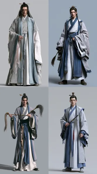 全真教尹志平正面全身像，居中对称构图，浅灰纯色背景，柔影棚平光，宋式灰蓝白道袍，木簪发髻持拂尘，清俊带纠结神情，8k超写实，锐化对焦，武侠角色设计