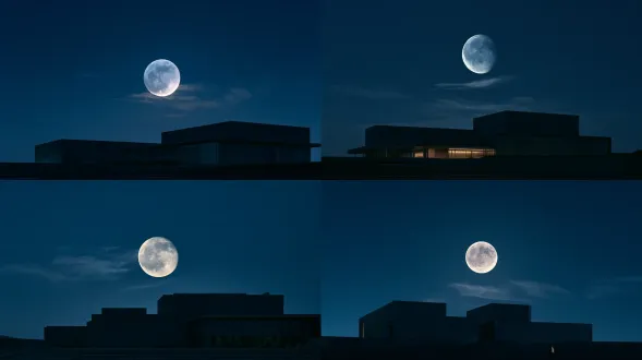 subject: a realistic-sized luminous full moon hanging high in the deep dark indigo midnight sky, natural authentic optical scale with delicate realistic lunar crater details and a gentle soft silver glow, occupying a natural understated proportion in the vast open night sky; action: faint translucent wisps of thin night clouds gently drifting across the dark sky near the moon, serene cool moonlight softly illuminating the quiet museum exterior below; environment: in the lower third of the frame, the sleek dark silhouette of a closed contemporary modern art and history museum building, strictly modern minimalist architecture with clean geometric cubic volumes, flat roof parapet lines, smooth glass curtain walls, and contemporary urban museum plaza steps, absolutely no ancient chinese traditional eaves, no curved tiles, no pagodas, and no temple elements; lighting: cinematic low-key night lighting, authentic 5400k cool silver moonlight casting subtle edge highlights along the straight horizontal rooflines of the modern museum, deep velvet dark blue night sky, rich realistic shadows; camera: 16:9 widescreen aspect ratio, natural wide establishing shot looking slightly upward, 35mm cinema prime lens capturing a realistic authentic human-eye field of view where the moon appears at a natural realistic scale in the spacious night sky; style: arri alexa 35 cinematic 35mm film still, kodak 5219 low-light night grain, photorealistic contemporary museum night photography, quiet and atmospheric mystery drama aesthetics