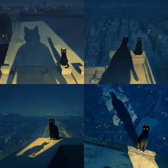 a black cat with white paws sitting on the edge of a city rooftop at night, golden vertical pupils glowing faintly, kunming city skyline in the background, distant lights, a long shadow stretching behind the cat, the shadow vaguely shaped like a human figure, deep blue and grey color palette with warm yellow accents, urban fantasy style, cinematic lighting, high detail, cover art