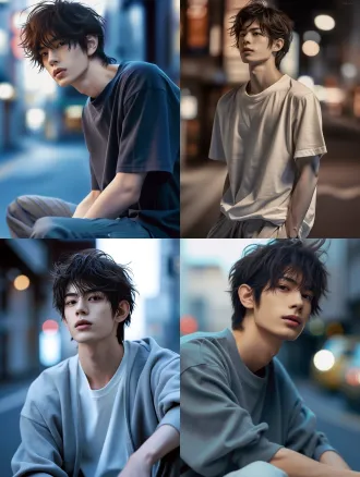 粉短发亚裔男模特，松弛随性，休闲姿势，现代街头潮服，宽松穿搭，都市街景背景，电影光效，浅景深，时尚人像，35mm镜头，f/1.8，专业杂志风，冷调质感，自在氛围感