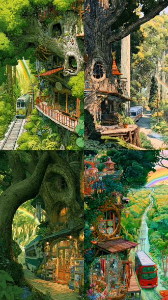fairy tale world,moebius (jean giraud) style,maximalism,extreme expressiveness,romantic feeling,extreme expressiveness,perfect details,masterpieces. forest mystery,mysterious summer,clean picture,rich colors. hand-drawn,pen drawn. long shot,a bus slowly leaving the platform,merging into the forest road in the distance,dyed golden green by the sunset. the tree hole record store once again returns to peace,but the wind chimes under the eaves are still gently swaying,as if sending unfinished melodies to the entire fairy-tale town. at the end of the picture,there is a faint rainbow,the story feeling extends to emerald green., negative prompt: ng_deepnegative_v1_75t,(badhandv4:1.2),easynegative,(worst quality:2), steps: 30,size: 720x1280,seed: -1,model: f.1基础算法模型-哩布在线可运行, 童话|童画绘本|治愈系插画,sampler: euler,uselcm: false,cfg scale: 3.5,clip skip: undefined,