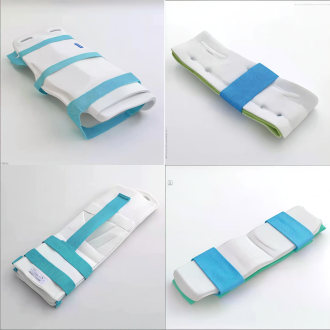 prompt: a realistic 3d render of a medical orthopaedic polyurethane splint, outer side view. the splint is white. on the outer edges, there are soft green velcro loop bases with smooth edges. crossing over the splint are 3 wide blue adjustable horizontal velcro straps with hook fasteners. the straps have a pressure indicator. clinical, clean, medical innovation design, white background, 3d render, 8k resolution, professional medical illustration.