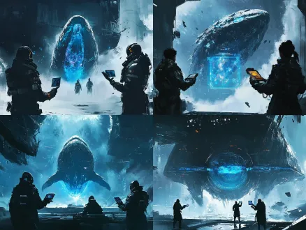 动画硬科幻，星鲸内部星云，蓝紫发光全息碎片，数据流，三人身着特色服装触碰记录扫描碎片，漂浮粒子，全息ui，超写实3d，aaa游戏gc，大景深，冷色调，电影级打光，广角镜头，沉浸感