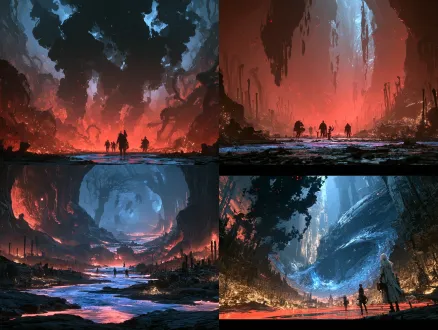 动画硬科幻星鲸内部远古战场，200米能量沟壑涌蓝紫发光液，焦痕骨林金烬明灭，空中溶解黑剪影红眼扫射，三人物各持装备神态各异，黑暗红蓝交织光，超现实3d，大景深，电影级构图