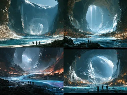 动画硬科幻星鲸内部远古战场，沟壑涌蓝紫荧光液，焦痕骨林闪金烬，空中黑影红眼扫光束，三人各持姿态仰望戒备，电影构图，大景深，电影级打光，超现实3d，黑暗交织红蓝光，细腻质感