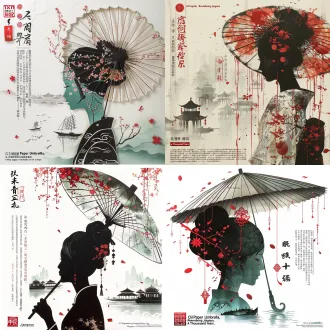 国风非遗剪纸插画，一位撑油纸伞的江南女子侧身剪影占据画面中央，黑色发髻与侧脸轮廓优雅低垂，透明伞面如宣纸般带红梅、墨色山水与细雨斑驳，伞柄竖直连接人物身体，人物轮廓内部嵌套完整的江南水乡世界：白墙黛瓦、拱桥、河道、乌篷船、红灯笼、楼台亭阁、烟雨青山、荷花水波，红色流苏与小挂件垂坠。整体采用红色剪纸与水墨江南融合的拼贴结构，人物剪影内部以深青、墨黑、雾蓝、朱砂红分层，外部为暖米白宣纸底，纸张纤维、水彩晕染、墨点、飞白、细雨、落花、水面倒影清晰可见，空间层次由前景伞缘、中景人物剪影、内部水乡、远景山峦层层递进。左侧竖排书法标题 “油纸伞 忆江南”，旁边小字 “烟雨江南・一伞千年”，底部竖排说明文字，右下角印章落款，传统国风杂志封面构图，竖版人物海报，细腻镂空雕花，诗意、沉静、怀旧、烟雨朦胧。
