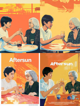 请画一张扁平化插画风格的海报，风格模仿电影《晒后假日》（aftersun）的官方海报。 画面主体：中景，画面中央是两双正在碰杯的手（左侧年轻男性，穿着白色短袖；右侧年长女性，头发灰白，穿着墨绿色上衣，侧边镂空的棕色马甲）。保留桌面细节。 画面背景：完全去除原图复杂的室内背景，替换为大面积的纯色暖橘色/桃粉色，带有淡淡的颗粒纹理。 艺术风格：复古噪点插画（risograph风格），重度胶片颗粒感，柔和的暖色调（桃色、橙色为主，辅以低饱和度的蓝色和绿色）。人物面部不需要过于写实，可以简化处理，重点突出温馨、怀旧的亲情氛围。不要任何文字。