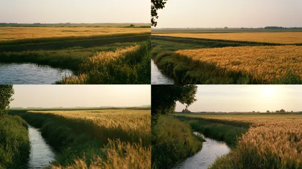 2004 年6月份，中国苏北盐城农村，夏日黄昏，日落前 2 小时。 正面轻微俯视，高于人眼高度。 严格保证太阳在画面外，机位的右后方。前景只有向画面左右延伸的水沟；中景是连接麦田的向画面左右笔直延伸的田埂，后景是金黄色成熟麦田。 柔和暗部，低饱和暖灰影调，阳光干净通透。arri alexa35 电影机质感，模拟 kodak 5219 35mm 胶片，细腻自然胶片颗粒（非模糊），中等对比度。 【全图材质防糊死锁】 整张画面极致清晰，材质细节清楚，全图拒绝任何ai涂抹感、水彩色块、塑料平滑感或局部柔焦。 生活化使用痕迹，真实年代剧影视剧照质感。 清晰度高，细节明确，自然锐化，避免柔焦，避免雾化，避免脏灰滤镜，避免过度颗粒，避免塑料 cg 质感，避免过度饱和。 严格禁止：任何动物，任何人物，背景模糊，景深虚化，树叶涂抹，水彩感，色块，局部失焦。