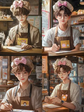 a charming half-body portrait of a handsome young man with soft brown hair and stylish black-rimmed glasses, korean semi-realistic thick paint style. he is wearing a beige-brown chef’s hat topped with a prominent, puffy 3d pink bow made of denim fabric. he is dressed in a warm brown apron over a simple shirt; the apron features a bright yellow front pocket embroidered with a cute rilakkuma bear pattern. he has a playful rilakkuma-themed band-aid on his face. he is standing behind a wooden bakery counter, holding a cute decorated menu and writing with a pen. the background is a cozy, inviting cake shop with a charming price list on the wall and several rilakkuma posters. soft, warm ambient lighting creates a nostalgic and sweet atmosphere. thick paint texture, visible artistic brushstrokes, exquisite facial details, high clarity.