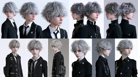 高精度3d半写实校园风少年四视图，横向排版，白灰色影棚背景，电影级柔光，8k高清，九头身清瘦少年，银灰碎发，改良高中校服，银色饰品，布料纹理清晰，清冷疏离，青春故事感。