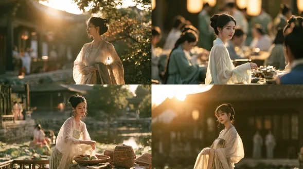 唐代服饰造型，唐代建筑，唐代生活场景，丝绸衣服，轻薄，16 岁女孩，长相清秀，面带微笑，额前有碎发，性格和善，温柔，开朗，微笑，大场景，在午后柔和金色侧光，东方田园古风，柔和侧逆光丁达尔，清透胶片质感，松弛治愈的生活化，低饱和莫兰迪青绿配色， 电影写实，浅景深，真实皮肤质感，胶片颗粒，浅景深，电影镜头，8k 超细节，低饱和柔和配色，v8.2