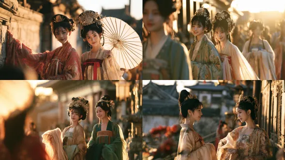 唐代服饰造型，唐代建筑，唐代生活场景，丝绸衣服，轻薄，两个16 岁女孩，长相服装不要相同，华丽头饰，长相清秀，面带微笑，额前有碎发，性格和善，温柔，开朗，微笑，大场景，在午后柔和金色侧光，东方田园古风，柔和侧逆光丁达尔，清透胶片质感，松弛治愈的生活化，低饱和莫兰迪青绿配色，完美构图，前景虚化， 电影写实，浅景深，真实皮肤质感，胶片颗粒，浅景深，电影镜头，8k 超细节，低饱和柔和配色，v8.2