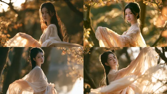 photorealistic cinematic portrait of a beautiful young chinese woman, gentle and serene facial features, ancient chinese hairstyle, wearing light sheer song-style hanfu, pale apricot and cream gradient flowing gauze wide sleeves, soft autumn outdoor scenery, natural afternoon side backlight, dappled sunlight filtering through leaves, rim light on hair, shallow depth of field, shot on dslr, f/1.8, film grain, warm muted autumn color palette, peaceful oriental aesthetic, 8k, ultra detailed, skin texture realistic, soft shadows, vertical composition