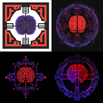 生成一个logo，中间是脑子框架是中国结，包含脑机接口元素，红色，紫色，黑色