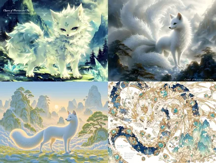 威严灵动纯白九尾狐，纯兽形态，九条蓬松白尾，立于青丘玉矿，满地发光玉石，青色山峦古木，清晨柔和逆光，仙气缭绕，国风奇幻插画，水墨厚涂，白青金淡雅色调，8k，电影级构图，山海经异兽，无拟人化。