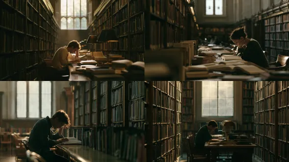 a focused student studying at a long wooden table in a large library, tall bookshelves, soft window light, quiet academic atmosphere, cinematic, 16:9.