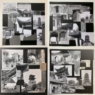 黑白铅笔建筑素描碎片，解构重组，黑色卡纸，金箔碎片，朱砂红印章点缀，宣纸与硫酸纸半透明层，传统中式亭台楼阁，飞檐瓦片，几何切割，材质碰撞，现代拼贴艺术，精致细节，艺术微喷。