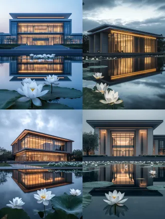 hyperrealistic photograph, a modern chinese university library building at golden dusk after rain, calm reflecting pool in front, white lotus flowers blooming, the building and lotus merging in the mirror-like water reflection, clean minimalist public service poster composition, serene and solemn atmosphere, cinematic lighting, shot on nikon d850, 35mm, 8k