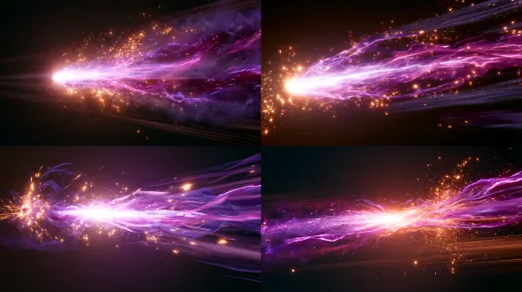 prompt: a stylized 3d game vfx concept art of a powerful energy blast flying horizontally, bright white hot core, surrounded by vibrant purple and magenta plasma ribbons, glowing orange sparks and particles trailing behind, volumetric lighting, dynamic motion, blurred speed lines, dark dark background for contrast, unreal engine 5 niagara particle system style, 8k resolution, highly detailed
