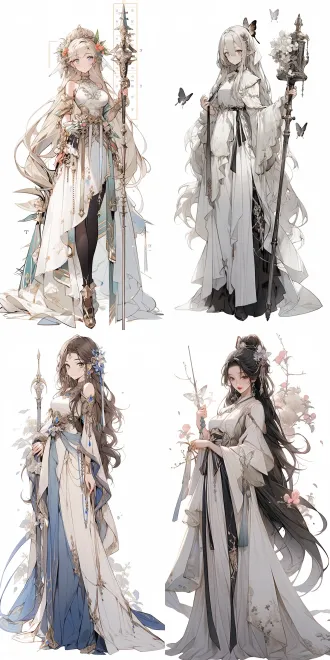 高挑174cm，四肢修长，逍遥门女剑修， 小巧瓜子娃娃脸，冷调瓷白皮，远山细眉，狭长桃花眼，眼尾微扬时眼下小痣微微闪动，安静时眼神柔软楚楚可怜，唇角带着一丝促狭笑意，饱满浅红唇瓣， 墨黑色蓬松半扎长发，无发簪无金属头饰，侧边点缀几朵细碎浅粉色小花，修身长款冰蓝色流光道袍，衣摆飘逸，衣襟后背带有纤细火红色暗纹，暗纹闪烁细碎晶光，多仙气飘带，纱质飘带，随风轻扬布料清透飘逸纤细金线链镶嵌珍珠与百合花饰，戴在单只脚踝，古风仙侠，松弛飘逸氛围感，柔和光影，伪厚涂画风纯白背景，全身立绘，8k超高清，极致细节，细腻真实皮肤质感， pbr材质，玄幻引擎五渲染，柔和柔光，国漫与实写厚涂，完整人物结构