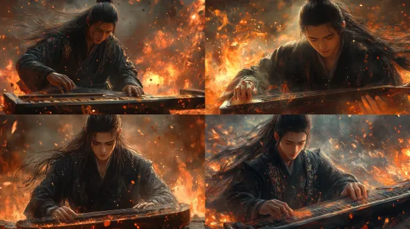 周瑜人物特写，长发披散微微低头，神情沉静从容，尽显运筹帷幄的儒将气度。他端坐于古琴前，指尖拨动琴弦，音符化作锋利的能量波纹与音刃向外激射，具有强烈的杀伤力与穿透感。背景是熊熊燃烧的烽火与战场硝烟，火光冲天，暗调画面中烈焰格外炽烈醒目。整体色调偏暗，以深褐、暗红与火光橙红为主，光影对比强烈。横屏宽幅构图，电影级镜头感，景深压缩，焦点集中在周瑜与古琴，背景虚化。画风为动漫偏写实，细节精致，质感厚重，戏剧性打光，史诗氛围。