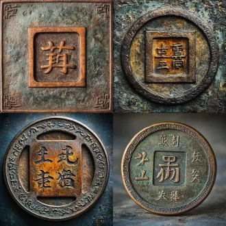 一枚中国古代圆形方孔铜钱，上面有四个汉字‘开元通宝’，字体为狂草，背景为透明色 ，超高清摄影，金属质感，微距镜头。