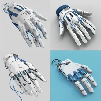 a hand orthosis for stroke rehabilitation, dorsal view, showing five finger channels, embedded vibration motors at acupoints hegu, neiguan, laogong, elastic bands in each finger channel, wires running along the edge, battery box on forearm strap, medical device prototype, white and blue color scheme, technical illustration style