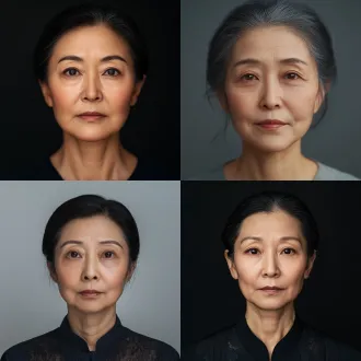 55岁中年女性，双眼皮，面容消瘦，颧骨清晰，眼角有自然细纹，黑发夹杂着少量银丝，神情温和坚韧，中国女性，皮肤有真实的岁月质感，无滤镜感，电影级写实人像