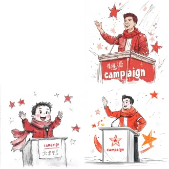 简笔画风格，一个中国少先队员站在讲台上竞选演讲，佩戴红领巾，左臂有三道杠中队长标志，右手举起来做演讲手势，表情自信微笑，讲台上有话筒，背景有"竞选"字样和星星装饰，线条简洁，儿童插画风格，白色背景