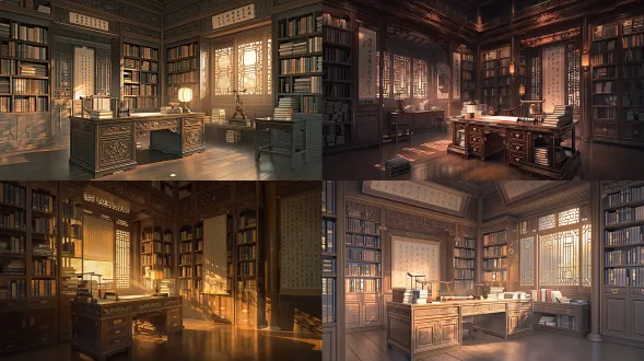 ancient chinese general's mansion study room, panoramic wide-angle view, full bookshelves lined with classical chinese manuscripts and thread-bound books, deep mahogany wood furniture, elegant antique scholar's desk with inkstone and brush set, hanging calligraphy scrolls on walls, carved wooden lattice windows with soft daylight streaming in, warm amber lighting, traditional chinese architecture details, polished wooden floor, a hint of sword and armor display as general's touch, spotless and tidy, immaculate space, cinematic lighting, photorealistic, ultra-detailed, 8k, architectural photography