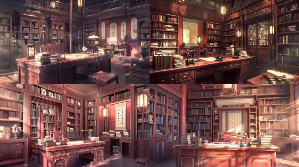 3d chinese animation style, ancient general's mansion study room, interior scene, full view panoramic composition, wooden bookshelves filled with classic books, traditional chinese antique furniture, red wood carved desk with ink stone and brush holder, hanging calligraphy scrolls on pomegranate-red walls, warm lantern lighting, neat and tidy arrangement, clean minimalist layout, ancient charm atmosphere, dust particles floating in soft light beams, cinematic depth of field, high detail, 8k,