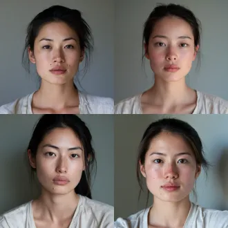 a straight-out-of-camera close portrait photo of a young asian woman in her early 20s, framed head and shoulders against a plain muted grey wall, soft overcast window light from one side, realistic portrait-lens compression, shallow depth of field with the eye plane sharp and the ears and background gently falling out of focus, visible pores across the cheeks and nose, fine vellus hair along the jaw and upper lip area, slightly uneven skin tone with mild redness around the nose and cheeks, natural under-eye texture, tiny blemishes, subtle freckle variation, individual eyebrow hairs, imperfect hairline, relaxed closed mouth with visible lip lines and slight dryness, simple cotton shirt with small wrinkles and fabric texture, quiet direct expression, ordinary camera-file color with slight room color cast and soft shadow noise