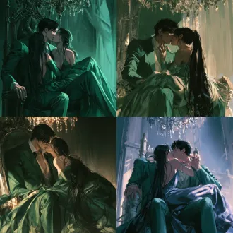 a beautiful anime-style couple kissing, the man has short black hair and is wearing an emerald green suit with long sleeves while sitting on his throne. in front of him sits a young woman with a very straight, shiny jet-black lace-back ponytail hairstyle, wearing a flowing dress made from satin fabric. she is leaning over to kiss her boyfriend on the cheek, with a chandelier hanging overhead, creating a dreamy, romantic atmosphere. romanticcore, in the style of artgerm, full-body portrait.