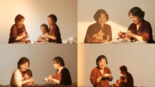 双时空剪影构图，左右对称布局，短发老奶奶抚幼，成年后小孩抱床上老妇，平面2d，极简风格，卧室暖光，逆光轮廓，柔和渐变，暖棕金调，温情治愈