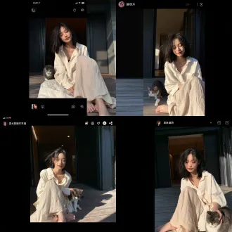 一张年轻东亚女性，面部特征参考上传照片，坐在现代住宅门口的坦率手机照片，她轻轻抚摸着一只灰白相间的虎斑猫。她留着短而凌乱的黑发，化着柔和的自然妆容，表情平静，眼睛微微闭合。身穿一件超大号的奶油色纽扣衬衫，搭配宽松的及地米色长裤，赤脚踩在木质露台地板上。温馨的住宅入口，背景是深色的推拉门，温暖的自然日光，真实的日常氛围。用 iphone 相机捕捉，随意的智能手机快照美学，未摆拍的瞬间，逼真的皮肤纹理，轻微颗粒，自然光线，柔和阴影，纪录片风格摄影，超现实主义，raw 手机照片品质，浅景深，3:4 纵向构图。