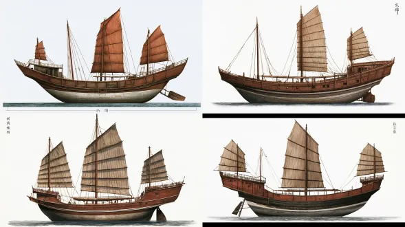 明代大福船商舶侧视图，纯白背景，正交投影，无透视变形，船体全长 34 米比例准确，尖底龙骨、首昂艉高、二层艏楼、艉楼、三桅硬帆收起状态、开孔舵清晰可见，桐油赭黑船身、白灰水线，技术设定图风格，标注线极简，16:9 ＋ 全局风格基底 写实纪录片质感，电影级调色，35mm 胶片颗粒，自然可用光，低饱和土色系，体积雾，16:9，明代中叶考据，无现代元素写实纪录片质感，电影级调色，35mm 胶片颗粒，自然可用光，低饱和土色系，体积雾，16:9，明代中叶考据，无现代元素