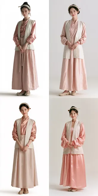 photorealistic, shot on arri alexa, 35mm lens, film grain, full body shot, white background, a 17-19 year old ming dynasty peasant girl, oval face, eyebrows like distant mountains, light pink lips, upturned eyes, hair in simple bun with wooden hairpin, cloth headband (遮眉勒), red string on right wrist, wearing pink satin short ao (明代短袄) with mamian skirt (马面裙), light-colored bijia (比甲) vest over it, embroidered cloth shoes, standing naturally with hands gently clasped in front, shy smile, soft gentle expression, full body visible from head to toe, studio lighting, even soft light, white seamless background, no shadows, no props, no scenery –no background, no scenery, no props, no other people, no hanfu ruqun, no modern elements