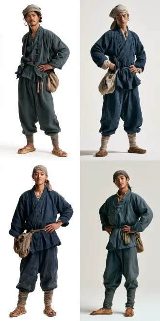 photorealistic, shot on arri alexa, 35mm lens, film grain, full body shot, white background, a 20-22 year old ming dynasty coastal fisherman, square face, thick eyebrows, defined jawline, left ear pierced with ring, hair covered with cloth wrap (裹头布), wearing dark cyan duanda (短打 - cross-collar short jacket + trousers + leg wraps), straw sandals, cloth bag at waist, standing with one hand resting on hip, confident yet gentle expression, full body visible from head to toe, studio lighting, even soft light, white seamless background, no shadows, no props, no scenery –no background, no scenery, no props, no other people, no hanfu changshan, no modern elements写实纪录片质感，电影级调色，35mm 胶片颗粒，自然可用光,明代中叶考据， 无现代元素