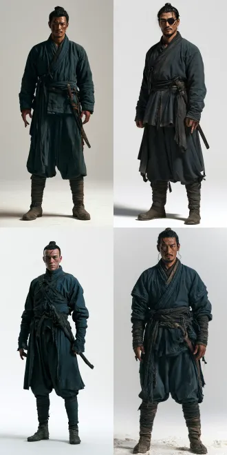 photorealistic, shot on arri alexa, 35mm lens, film grain, full body shot, white background, a 28-32 year old former ming navy petty officer, tall lean build, broad shoulders, diagonal scar on left cheek, hawk nose, sharp eagle-like eyes, square jaw, hair tied with hair crown (束发冠), wearing dark cyan duanda (短打 - cross-collar short jacket + trousers + leg wraps), old military boots, weathered face with battle scars, old naval saber at waist, left hand missing two fingers, standing at attention posture, military stance, serious determined expression, full body visible from head to toe, studio lighting, even soft light, white seamless background, no shadows, no props, no scenery –no background, no scenery, no props, no other people, no hanfu, no modern elements写实纪录片质感，电影级调色，35mm 胶片颗粒，自然可用光,明代中叶考据， 无现代元素