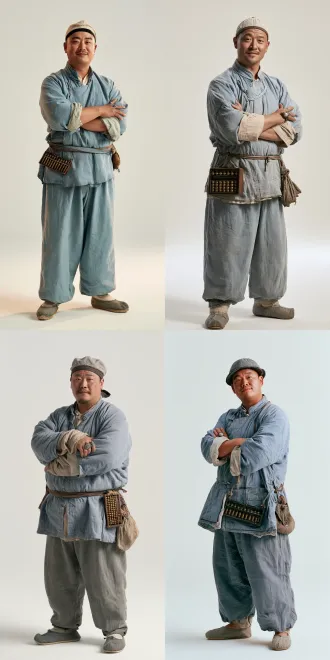 photorealistic, shot on arri alexa, 35mm lens, film grain, full body shot, white background, a 25-28 year old former huizhou merchant clerk, stocky build, round face, small sharp eyes, high nose bridge, calculating smile, wearing a skull cap (瓜皮帽), wearing light blue short jacket (交领右衽) with cloth shoes, abacus with brass beads at waist, old silver ring on finger, money pouch at waist, standing with arms crossed, cunning intelligent expression, full body visible from head to toe, studio lighting, even soft light, white seamless background, no shadows, no props, no scenery –no background, no scenery, no props, no other people, no hanfu, no modern elements写实纪录片质感，电影级调色，35mm 胶片颗粒，自然可用光,明代中叶考据， 无现代元素