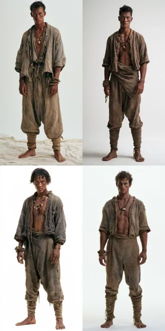 photorealistic, shot on arri alexa, 35mm lens, film grain, full body shot, white background, a 22-25 year old former coastal fisherman, compact wiry build, deeply sunburned dark skin, gray-blue eyes like sea water, high cheekbones, thin lips, short messy hair, wearing rough hemp short tunic (短褐 - coarse hemp short jacket + trousers + leg wraps), barefoot with woven rope bracelet on wrist, shell amulet necklace around neck, standing with relaxed fisherman posture, weathered intense expression, full body visible from head to toe, studio lighting, even soft light, white seamless background, no shadows, no props, no scenery –no background, no scenery, no props, no other people, no hanfu, no modern elements写实纪录片质感，电影级调色，35mm 胶片颗粒，自然可用光,明代中叶考据， 无现代元素