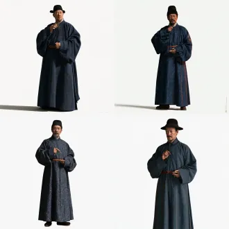 **服饰考据**：明代商人服饰，绫罗圆领长衫，头戴员外巾，腰系革带，可着暗花绸缎 - **标准提示词**：超写实纪录片质感，4k 超清，35mm 胶片颗粒，电影级自然调色；纯白无影背景，单人全身站立，正面微侧；中年男子，面容富态神情沉稳，身着藏青色暗花绫罗圆领长衫，头戴黑色员外巾，腰系棕色革带；一手捻须，一手作落子姿态，仿佛正在下棋；暖光打在绸缎衣料上，质感华贵沉稳；无现代元素，纯明代商人服饰。 - **影视气质参考**：《大明王朝 1566》沈一石（赵立新 饰）的商人儒雅感，弱化精明戾气 写实纪录片质感，电影级调色，35mm 胶片颗粒，自然可用光,明代中叶考据， 无现代元素 背景为纯白色 单人全身站立图