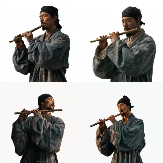 - **服饰考据**：明代民间乐工，粗布长衫，裹巾，衣着朴素沾风尘 - **标准提示词**：超写实纪录片质感，4k 超清，35mm 胶片颗粒，电影级自然调色；纯白无影背景，单人全身站立，正面微侧；中年大叔，留山羊胡，身着灰蓝色粗布长衫，裹黑色头巾；横握竹笛闭目吹奏，手指按在笛孔上，神情沉醉；暖黄侧光打在脸上，身上沾着风尘，充满市井烟火气；无现代元素，纯明代民间乐工服饰。 - **影视气质参考**：《清明上河图》明代仇英版 乐工形象气质 写实纪录片质感，电影级调色，35mm 胶片颗粒，自然可用光,明代中叶考据， 无现代元素 背景为纯白色 单人全身站立图